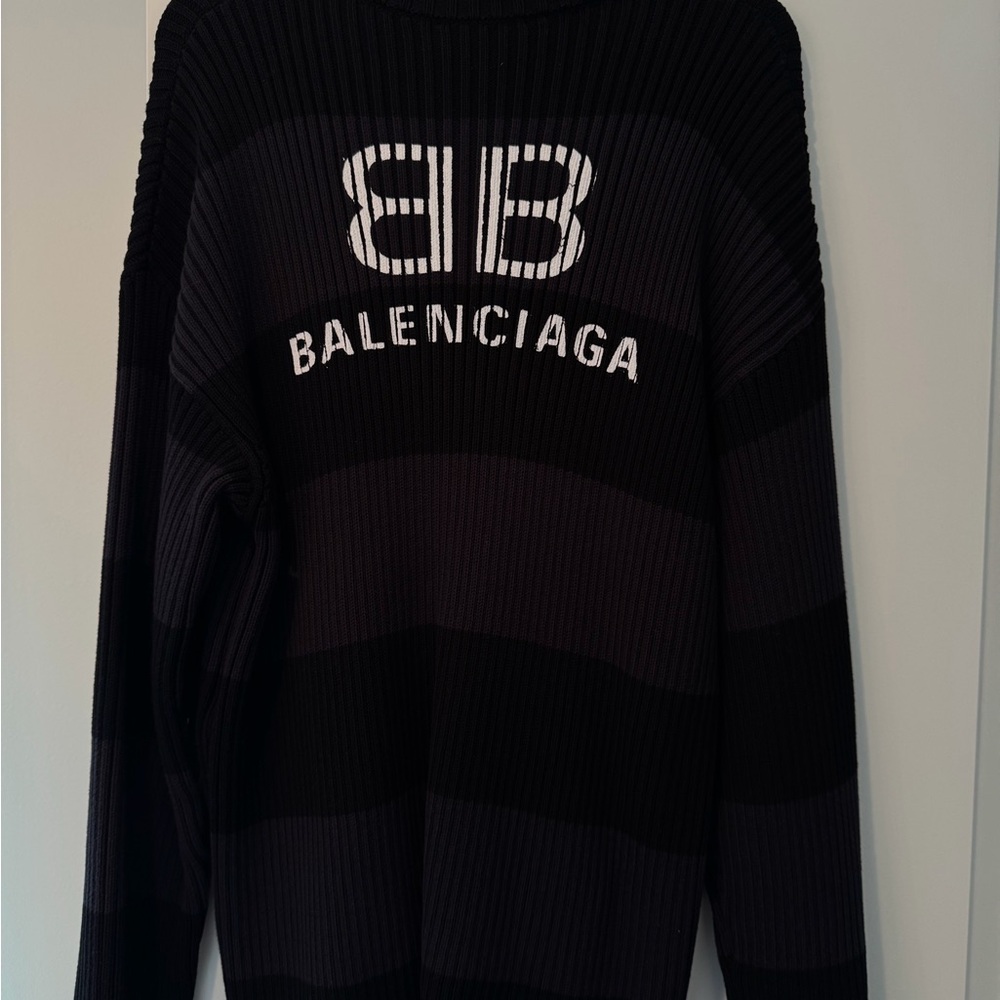 Balenciaga Men's Black and Dark Gray Striped Logo Sweater.  Authentic sweater